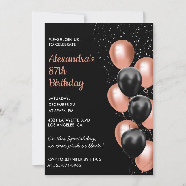 Chic Black Rose Gold Balloons 87. Geburtstag Einladung (Vorderseite)