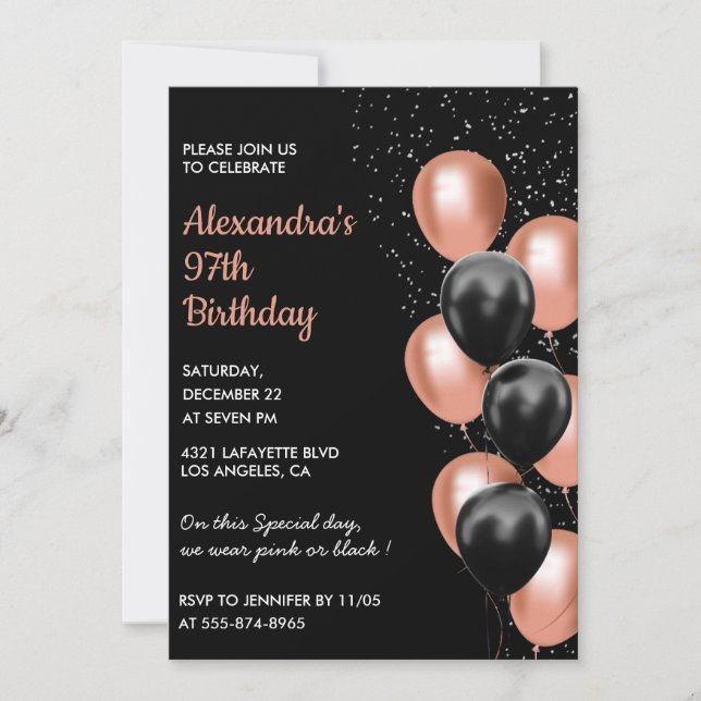 Chic Black Rose Gold Balloons 97. Geburtstag Einladung (Vorderseite)