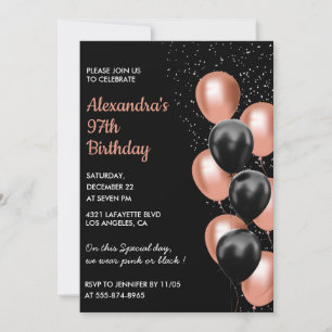 Chic Black Rose Gold Balloons 97. Geburtstag Einladung