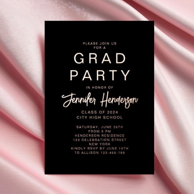 Chic Black Rose Gold Calligraphy Abschluss Folieneinladung (Chic Black Rose Gold Calligraphy Graduation Foil Invitation)