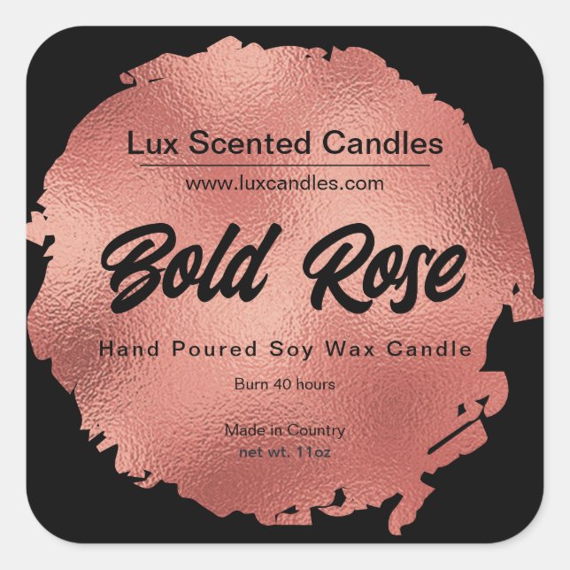 Chic Black Rose Gold Foil Moderne Luxus Candle Quadratischer Aufkleber (Vorderseite)