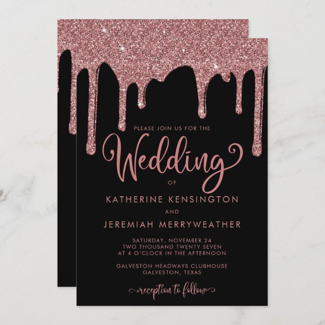 Chic Black Rose Gold Glam Glitzer Hochzeit Einladung (Vorne/Hinten)