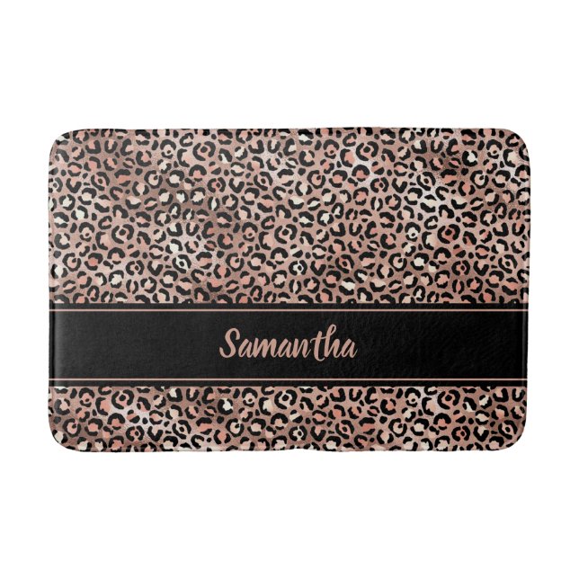 Chic Black Rose Gold Leopard Print Personalisiert Badematte (Vorderseite)
