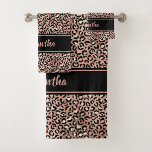 Chic Black Rose Gold Leopard Print Personalisiert Badhandtuch Set