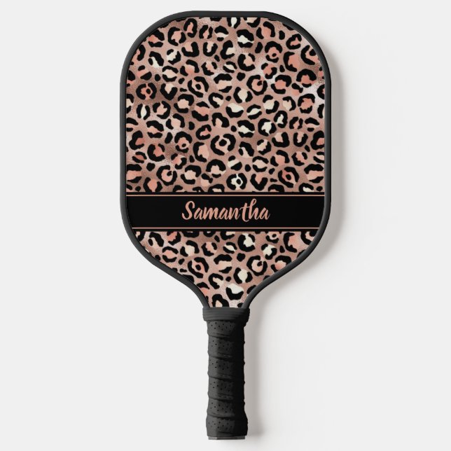 Chic Black Rose Gold Leopard Print Personalisiert Pickleball Schläger (Vorderseite)