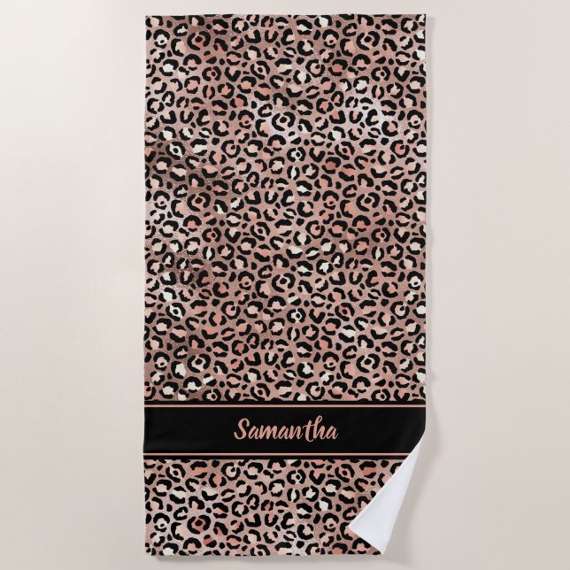 Chic Black Rose Gold Leopard Print Personalisiert Strandtuch (Vorderseite)