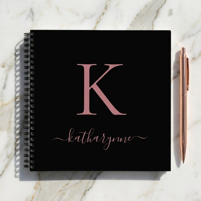 Chic Black Rose Gold Pink Monogram Name Notizbuch (Von Creator hochgeladen)