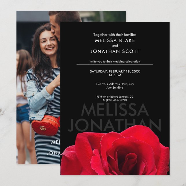 Chic Black & Rote Rose Template Hochzeit Einladung (Vorne/Hinten)