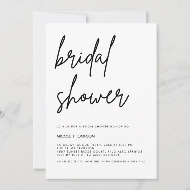 Chic Black Script Bridal Shower Invitation Minimal Einladung (Vorderseite)