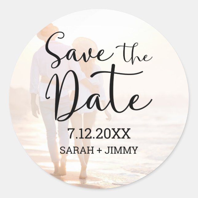 Chic Black Script Foto Wedding Save the Date Runder Aufkleber (Vorderseite)