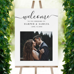 Chic Black Script Foto Wedding Welcome Sign Poster