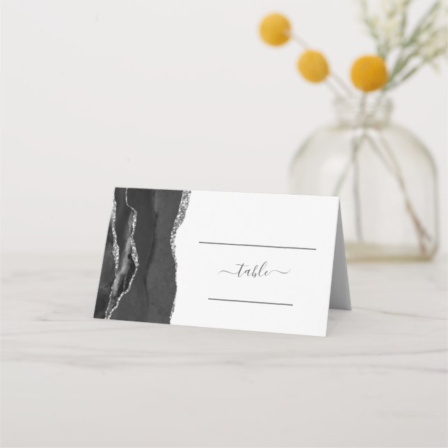 Chic Black Silver Agate Wedding Platzkarte (Vorderseite)