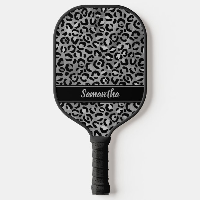 Chic Black Silver Leopard Print Personalisiert Pickleball Schläger (Vorderseite)