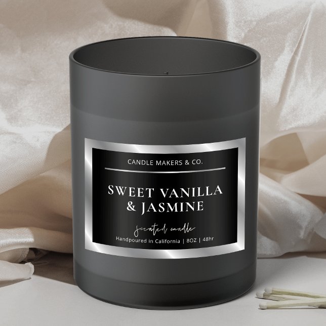 Chic Black & Silver Product Packaging Candle Label Lebensmitteletikett (Elegant black and faux silver foil effect rectangle product labels)