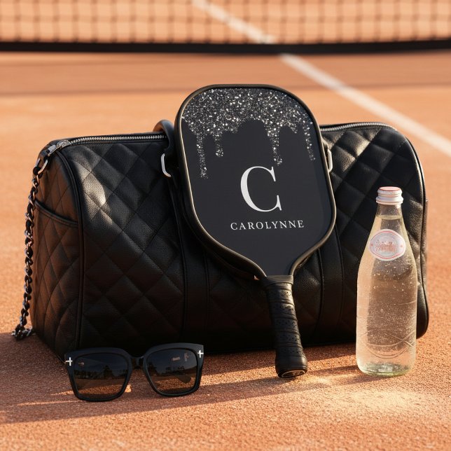 Chic Black Sparkle Glitzer Tropfens Monogram Pickleball Schläger (Chic Black Sparkle Glitter Drips Monogram Pickleball Paddle)