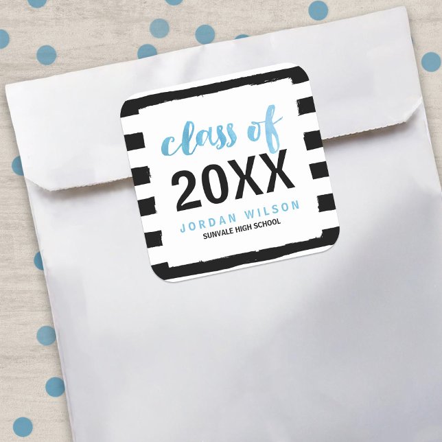 Chic Black Stripes Blue Class 2025 Abschluss Quadratischer Aufkleber (Von Creator hochgeladen)