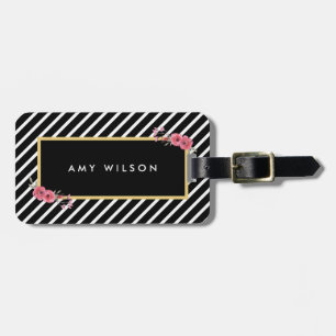 Chic Black Stripes Floral Bag Tag Gepäckanhänger