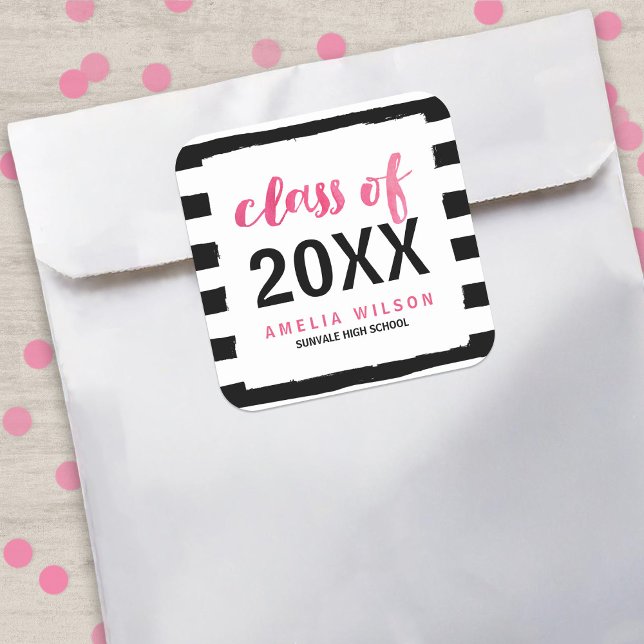 Chic Black Stripes Pink Class 2025 Abschluss Quadratischer Aufkleber (Von Creator hochgeladen)