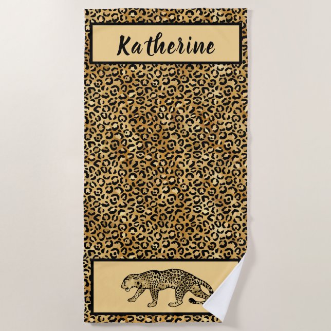 Chic Black Tan Gold Leopard Personalisiert Strandtuch (Vorderseite)