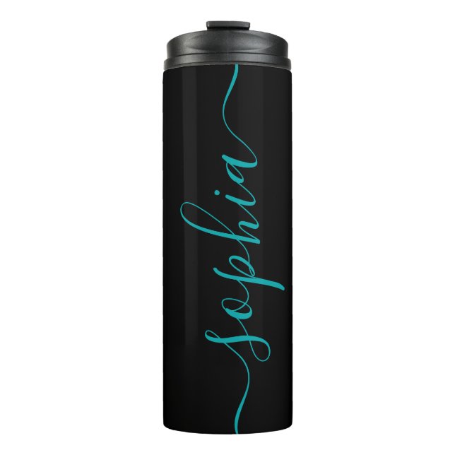 Chic Black Teal Green Script Name Thermal Tumbler Thermosbecher (Vorderseite)