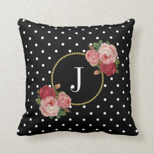Chic Black Vintag Blume Polka Dots Monogramm Kissen
