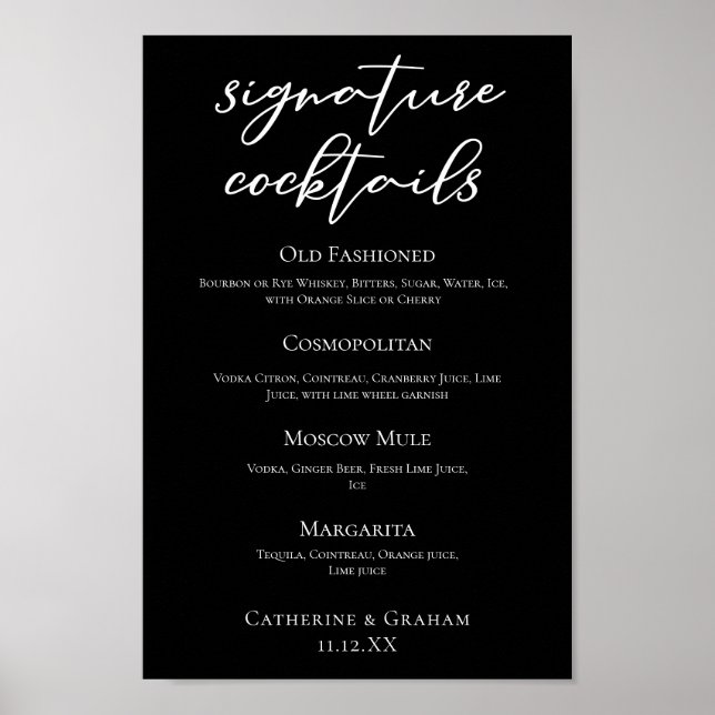 Chic Black Wedding Signature Cocktails Bar Menu Poster (Vorne)