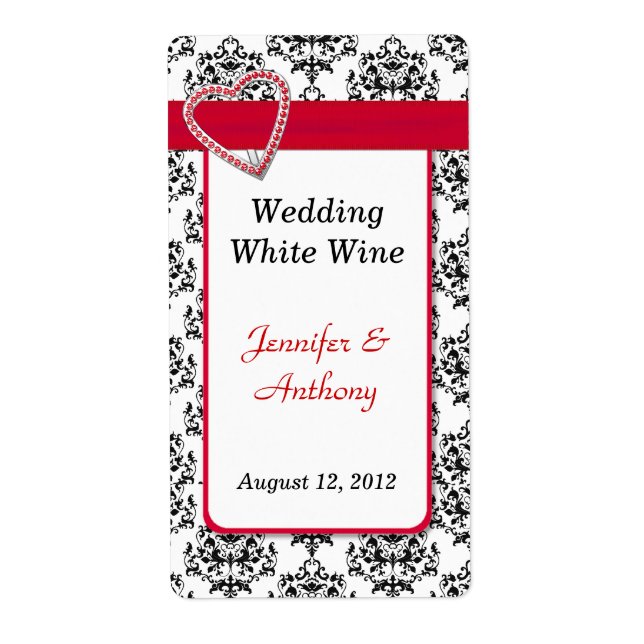 Chic Black & White Damask Hochzeitsweinetiketten (Vorne)