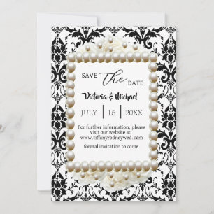 Chic Black $ White Damask Pearl Rett-The-Date Einladung
