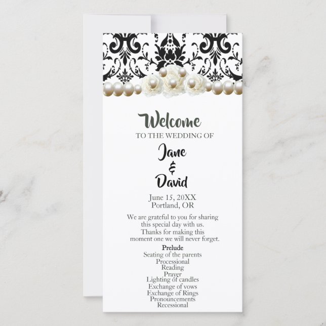 Chic Black & White Damask Pearl Wedding Program (Vorderseite)