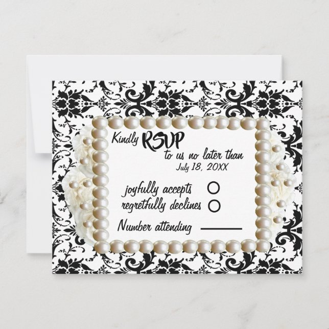 Chic Black $ White Damask Pearl Wedding RSVP Karte (Vorderseite)