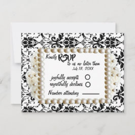 Chic Black $ White Damask Pearl Wedding RSVP Karte