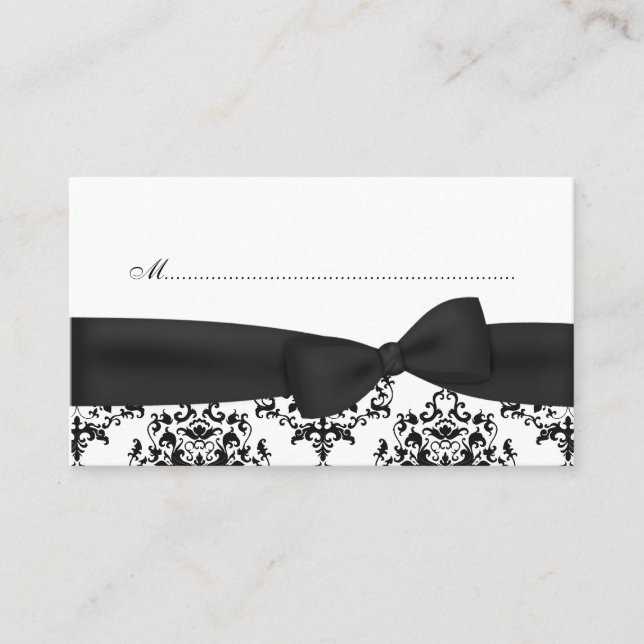 Chic Black & White Damask Platzkarten (Vorderseite)