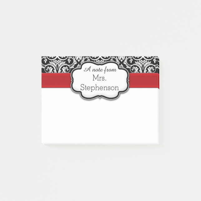 Chic Black/White Damask Red Ribbon Teacher/Women's Post-it Klebezettel (Vorderseite)