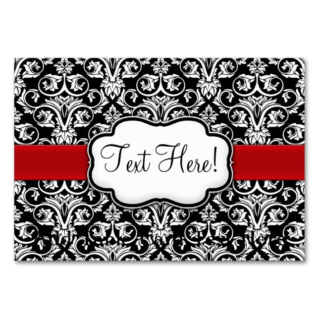 Chic Black/White Damask Red Ribbon Tischnummer (Vorderseite)