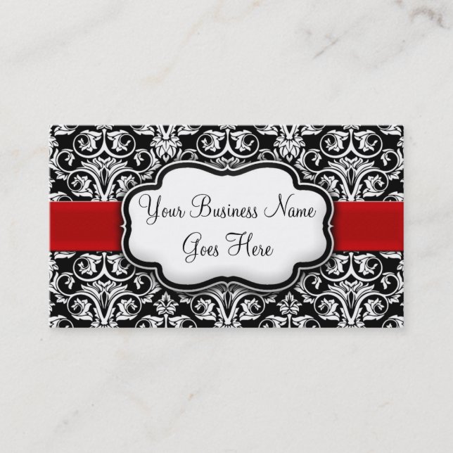 Chic Black/White Damask Red Ribbon Visitenkarte (Vorderseite)