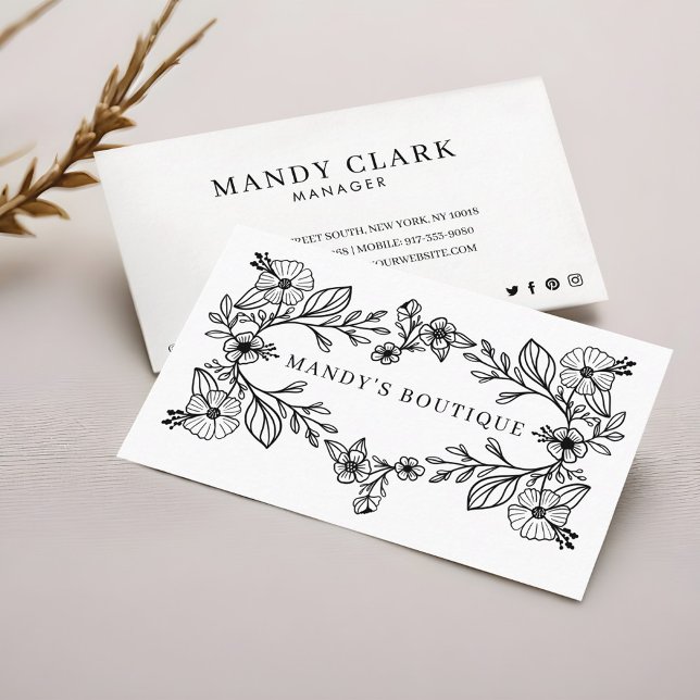 Chic Black & White Floral Botanic Floral Wreath Visitenkarte (Chic Black & White Floral Botanical Floral Wreath Business Card)