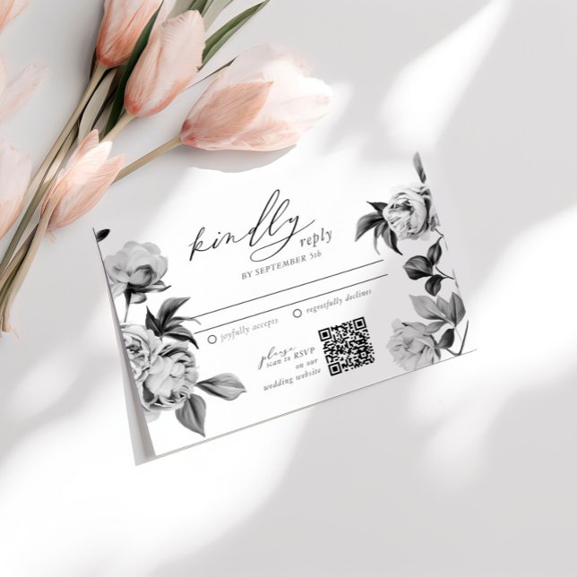 Chic Black & White Floral Wedding RSVP Begleitkarte (Von Creator hochgeladen)