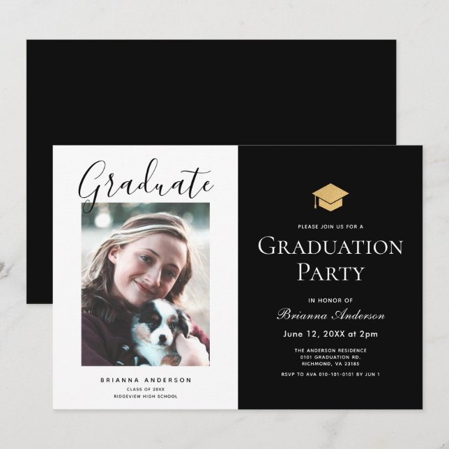 Chic Black & White Foto Graduation Party Einladung (Vorne/Hinten)