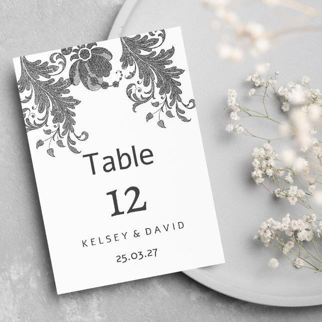 Chic black white glitter floral lace Table Numbers Einladung (Chic black white glitter floral lace Table Numbers)