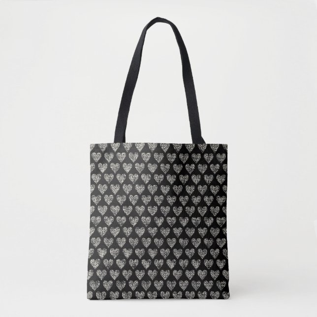 Chic Black & White Herz Muster Tote Bag (Vorderseite)