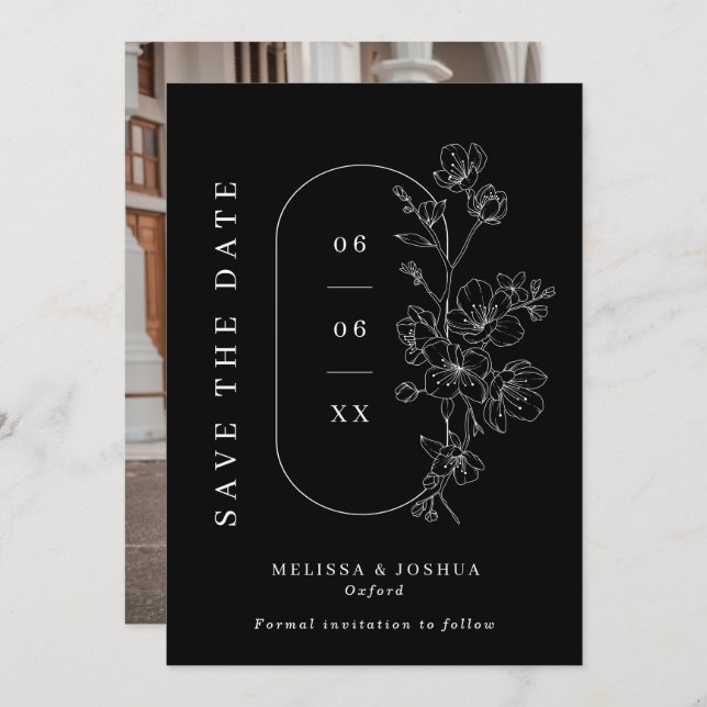 Chic Black & White Line Gezeichnet florale Foto Ho Save The Date (Vorne/Hinten)