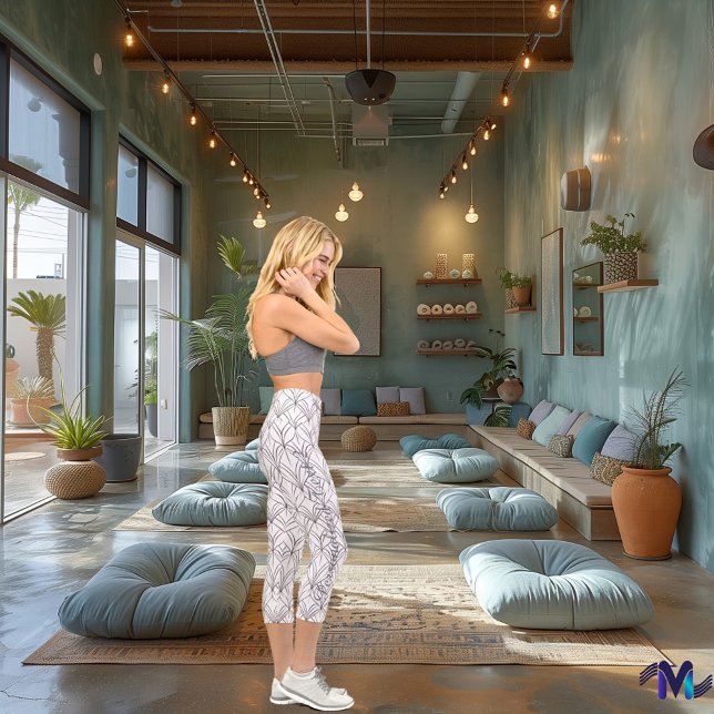 Chic Black & White Minimalistisch Leaf Muster kund Capri Leggings (Von Creator hochgeladen)