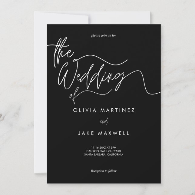 Chic Black & White Modern Script Hochzeit Einladung (Vorderseite)