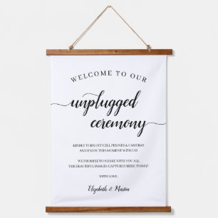 Chic Black & White Script Unplugged Zeremony Sign Wandteppich Mit Holzrahmen