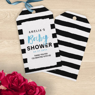 Chic Black & White Stripes Blue Baby Dusche Geschenkanhänger