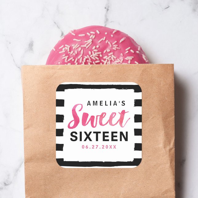 Chic Black & White Stripes Rosa Sweet 16 Quadratischer Aufkleber (Von Creator hochgeladen)