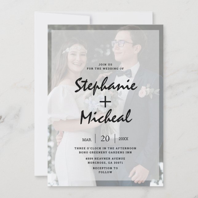 Chic Black & White Vellum Effect Foto Hochzeit Einladung (Vorderseite)