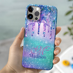 Chic blau violett Ombre Glitter-Tropfen Monogramm iPhone 16 Pro Hülle