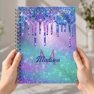 Chic blau violett Ombre Glitter-Tropfen Monogramm Notizbuch