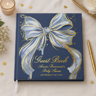 Chic Blaue Couture Watercolor-Schleife Gold Babypa Gästebuch